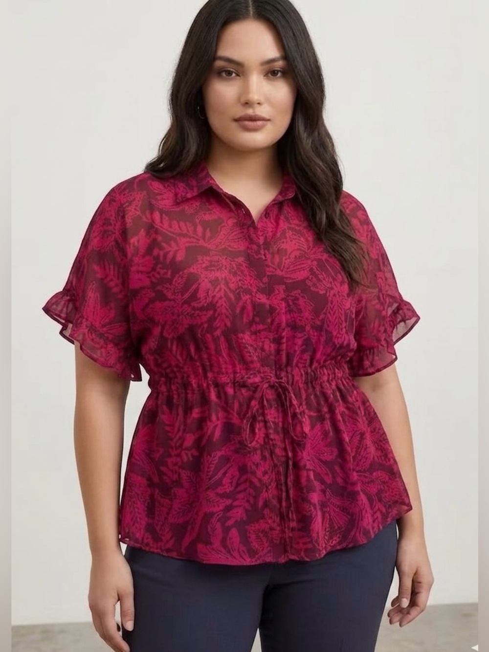 Torrid Pink & Brown Floral Button Up Dolman Blouse Size 1X